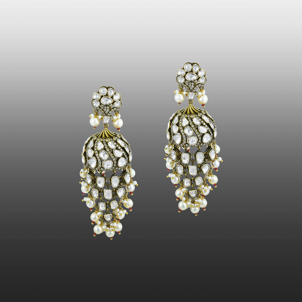 Jhumka Polki Earrings with Pearl Beads and Antique Charm